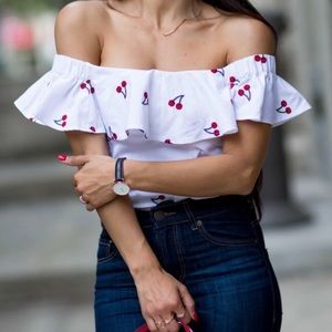 TOPSHOP Cherry Off-shoulder Crop Top